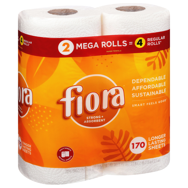 Fiora Paper Towels, Strong + Absorbent, Mega Rolls. 2-Ply