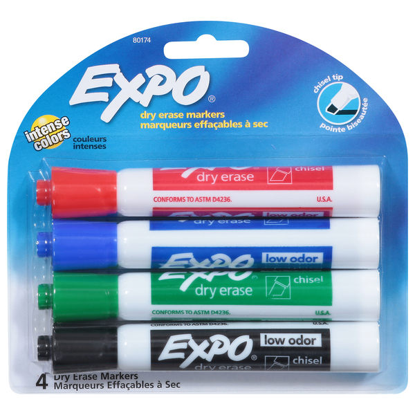 Expo Erase Markers, Dry, Intense Colors, Chisel Tip