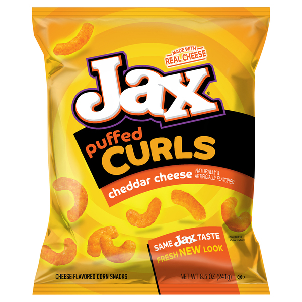 Jax Flavored Corn Snacks, Cheddar Cheese, Puffed Curls