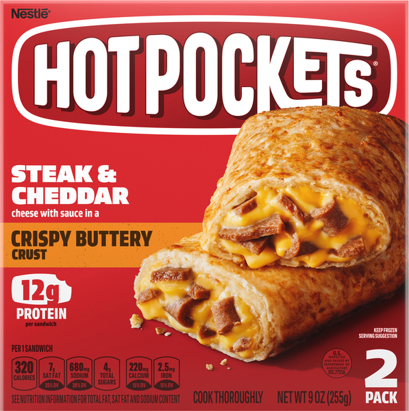 Hot Pockets Sandwiches, Steak & Cheddar, Crispy Buttery Crust, 2 Pack