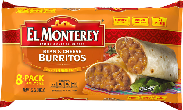 El Monterey Burritos, Bean & Cheese, Family Size, 8-Pack