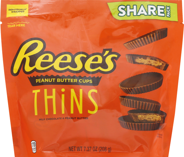 Reeses Peanut Butter Cups, Milk Chocolate & Peanut Butter, Thins, Share Pack
