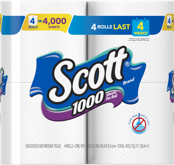 Scott Bathroom Tissue, 1000, Unscented, One-Ply