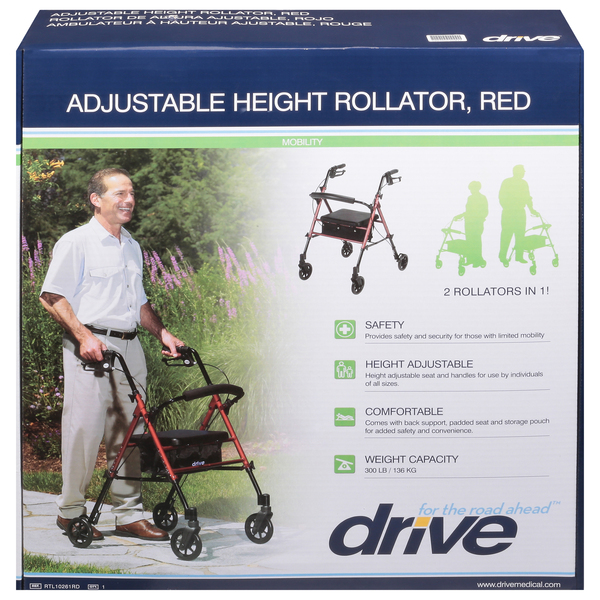Drive Rollator, Adjustable Height, Red, Mobility