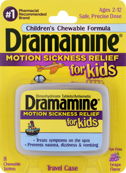 Dramamine Motion Sickness Relief, for Kids, Travel Case, Chewable Tablets, Grape Flavor