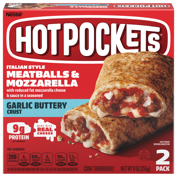 Hot Pockets Sandwiches, Meatballs & Mozzarella, Garlic Buttery Crust, 2 Pack