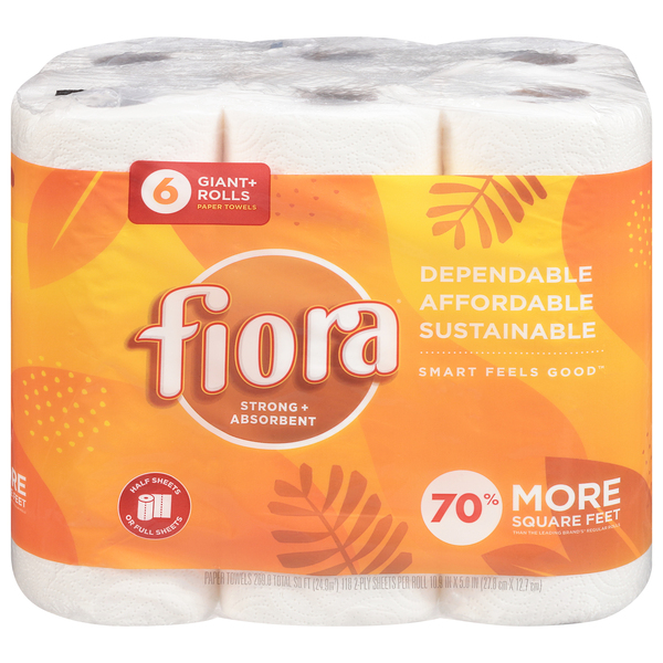 Fiora Paper Towels, Strong + Absorbent, Giant + Rolls, 2-Ply