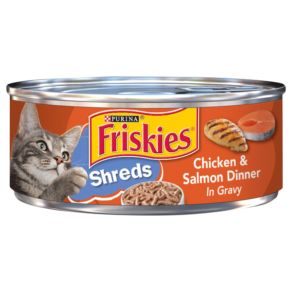 Friskies Cat Food, Chicken & Salmon Dinner, Shreds, In Gravy