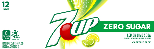 7-UP Soda, Zero Sugar, Caffeine Free, Lemon Lime Flavored, 12 Pack