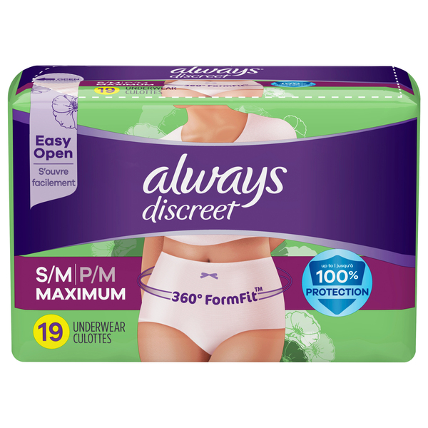 Always Discreet Classic Cut Underwear, Maximum Absorbency, S/M - 19 CT