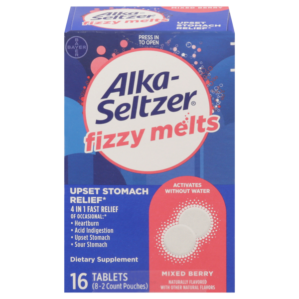 Alka-Seltzer Upset Stomach Relief, 4 in 1, Fizzy Melts, Tablets, Mixed Berry