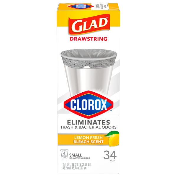 Glad Bags, Drawstring, Lemon Fresh Bleach Scent, Small, 4 Gallon