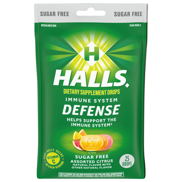 Halls Immune System Defense, Sugar Free, Assorted Citrus, Drops