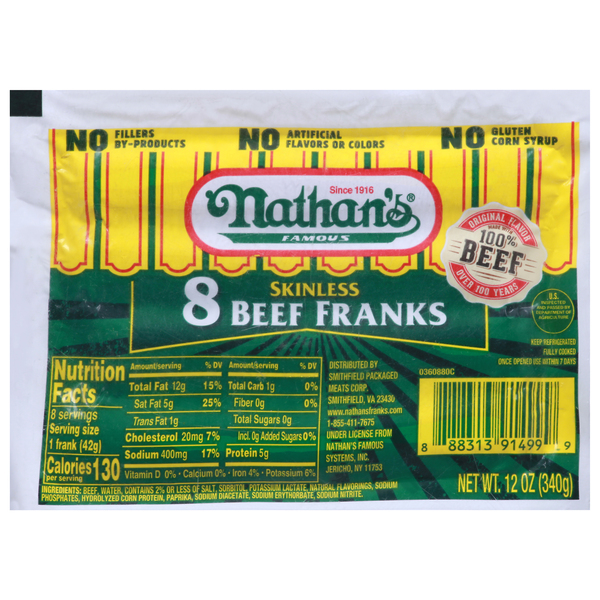 Nathan's Franks, Beef, Skinless