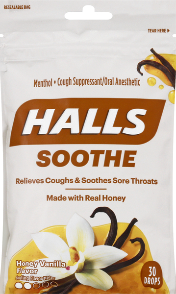 Halls Cough Suppressant/Oral Anesthetic, Drops, Honey Vanilla Flavor, Soothe