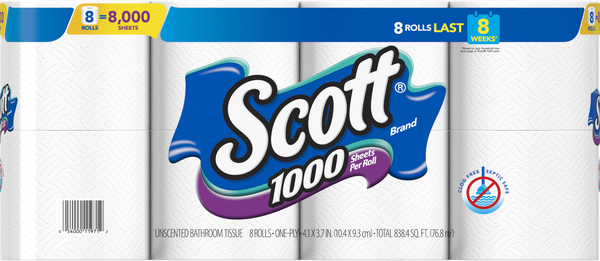 Scott Bathroom Tissue, Unscented, One-Ply