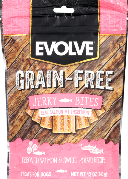 Evolve Dog Treats, Grain-Free, Deboned Salmon & Sweet Potato Recipe, Jerky Bites