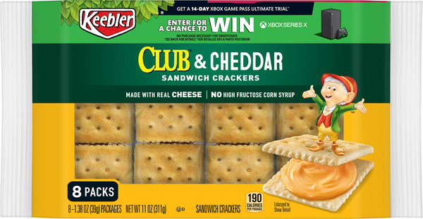 Keebler Sandwich Crackers, Club & Cheddar, 8 Pack