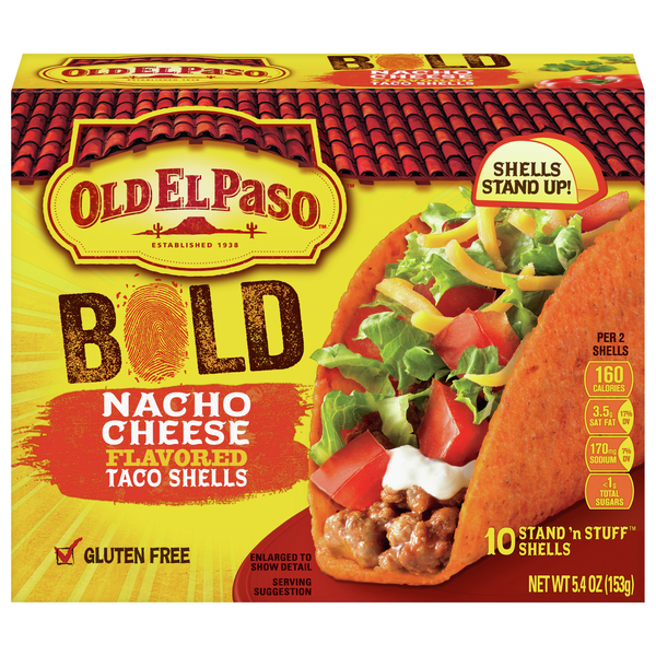 Old El Paso Taco Shells, Nacho Cheese Flavored, Bold, Stand 'n Stuff