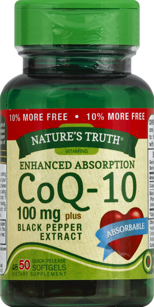 Nature's Truth CoQ-10, Plus Black Pepper Extract, Enhanced Absorption, 100 mg, Quick Release Softgels