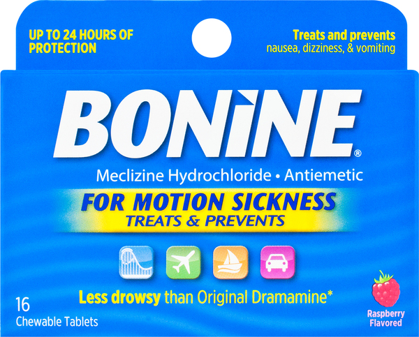 Bonine Meclizine Hydrochloride, For Motion Sickness, Raspberry Flavored, Chewable Tablets