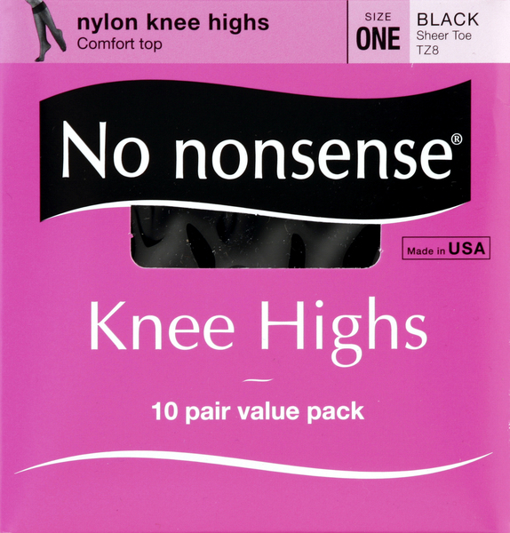No nonsense Knee Highs, Nylon, Sheer Toe, Size One, Black