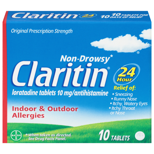 Claritin Indoor & Outdoor Allergies, Non-Drowsy, 24 Hour, Original Prescription Strength, 10 mg, Tablets