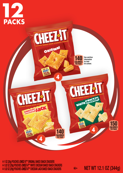Cheez-It Snack Crackers, Original/White Cheddar/Cheddar, Baked, 12 Packs