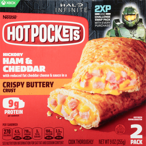 Hot Pockets Sandwiches, Ham & Cheddar, Crispy Buttery Crush, 2 Pack