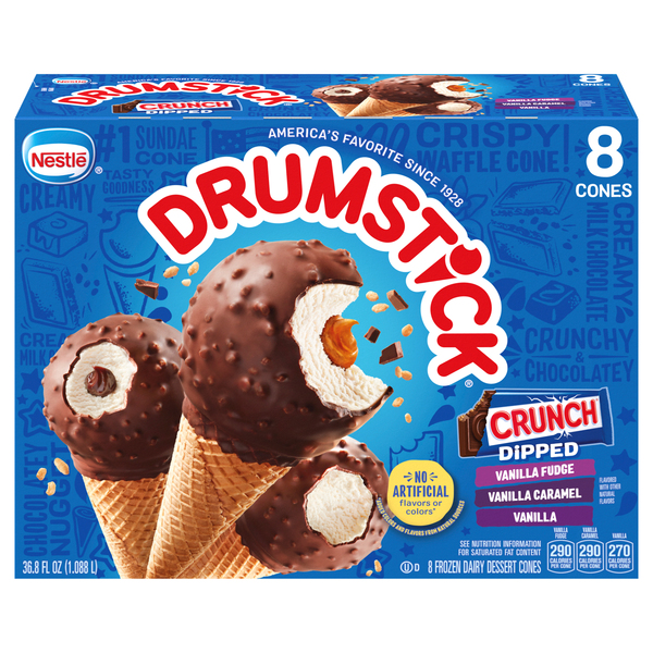 Drumstick Frozen Dairy Dessert Cones, Vanilla Fudge/Vanilla Caramel/Vanilla, Crunch Dipped