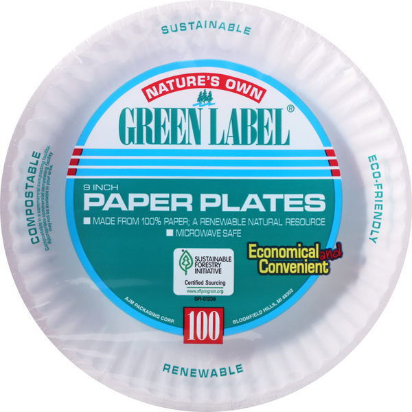 Natures Own Green Label Paper Plates, 9 Inch