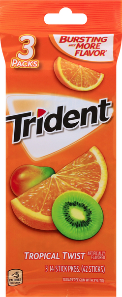 Trident Gum, Sugar Free, Tropical Twist, 3 Packs