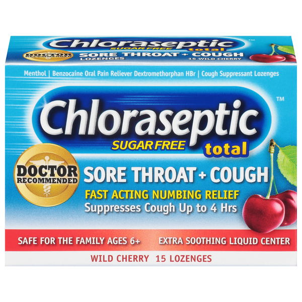 Chloraseptic Sore Throat + Cough, Sugar Free, Lozenges, Wild Cherry