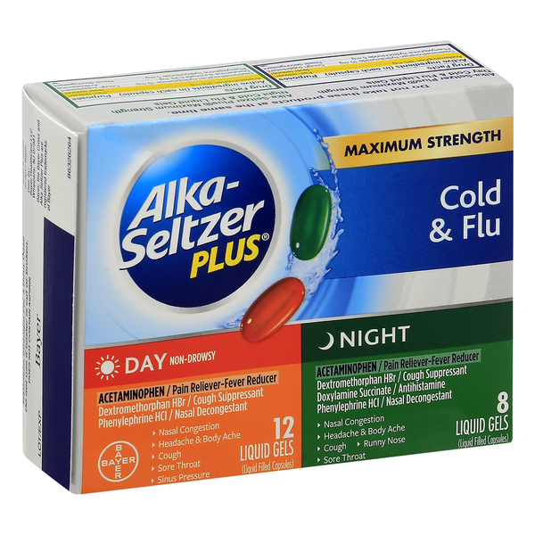 Alka Seltzer Plus Cold & Flu, Maximum Strength, Day & Night, Liquid Gels