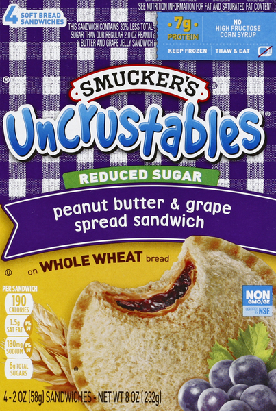 Smucker's Sandwich, Reduced Sugar, Peanut Butter & Grape Spread, on Whole Wheat Bread