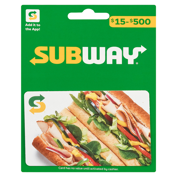 Subway Gift Card, $15-$500