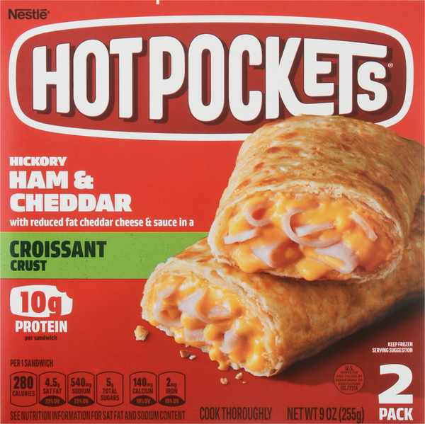Hot Pockets Sandwiches, Ham & Cheddar, Croissant Crust, 2 Pack