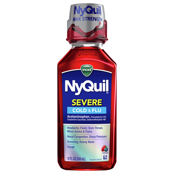 NYQuil Cold & Flu, Max Strength, Severe, Nighttime Relief, Berry Flavor