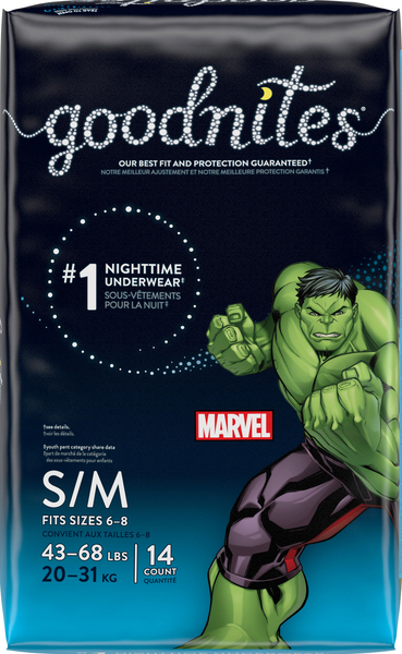 GoodNites Underwear, Nighttime, Marvel, S/M (43-68 lbs), Boys