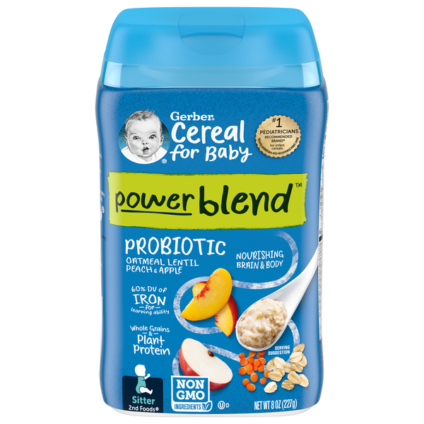 Gerber Cereal, Oatmeal Lentil Peach & Apple, Probiotic, Powerblend, Sitter 2nd Foods