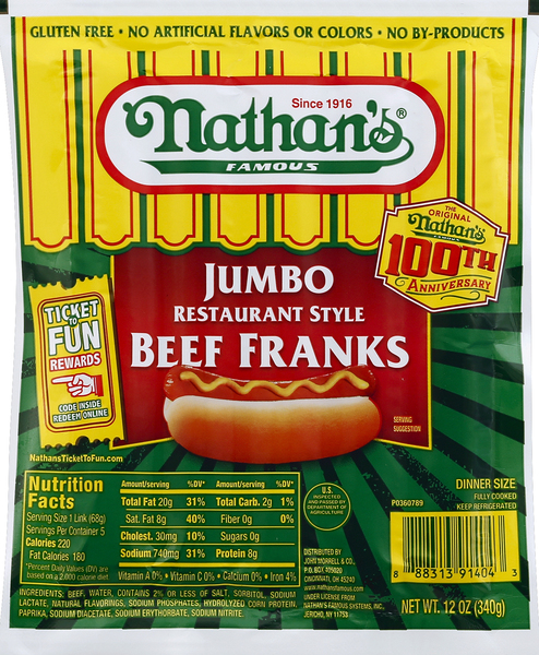 Nathan's Franks, Beef, Restaurant Style, Jumbo, Dinner Size