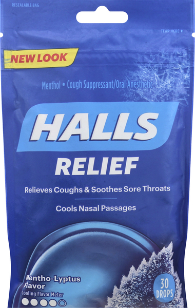 Halls Cough Suppressant/Oral Anesthetic, Relief, Drops, Mentho-Lyptus Flavor