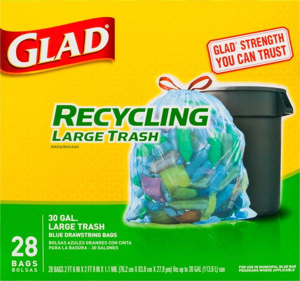 Glad Drawstring Bags, Recycling, Blue, Large, 30 Gallon