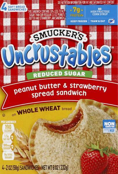 Smucker's Sandwich, Reduced Sugar, Peanut Butter & Strawberry Spread, on Whole Wheat Bread