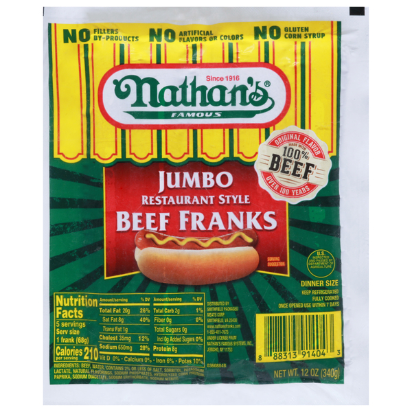 Nathan's Famous Beef Franks, Restaurant Style, Jumbo, Dinner Size