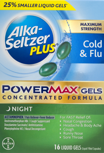 Alka Seltzer Plus Cold & Flu, Maximum Strength, Night, Liquid Gels
