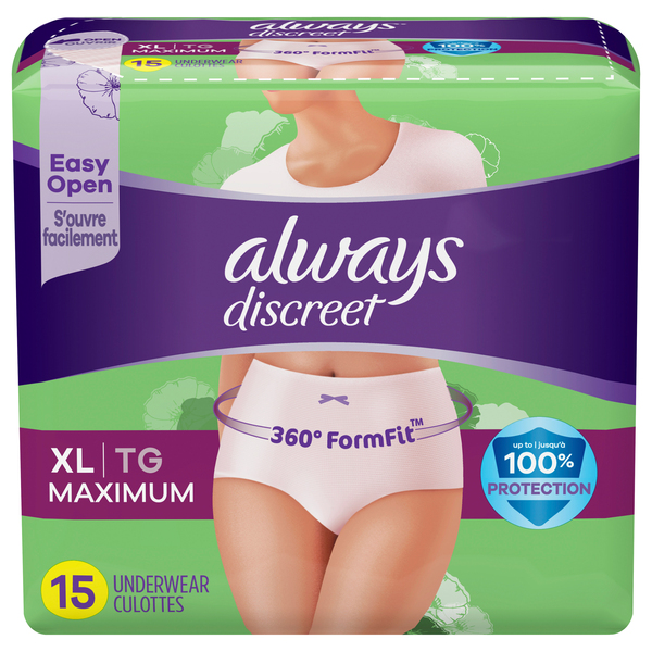 Always Discreet Classic Cut Underwear, Maximum Absorbency,  XL - 15 CT
