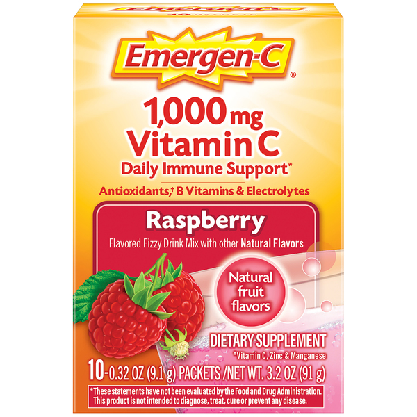 Emergen-C Fizzy Drink Mix, Vitamin C, 1000 mg, Packets, Raspberry