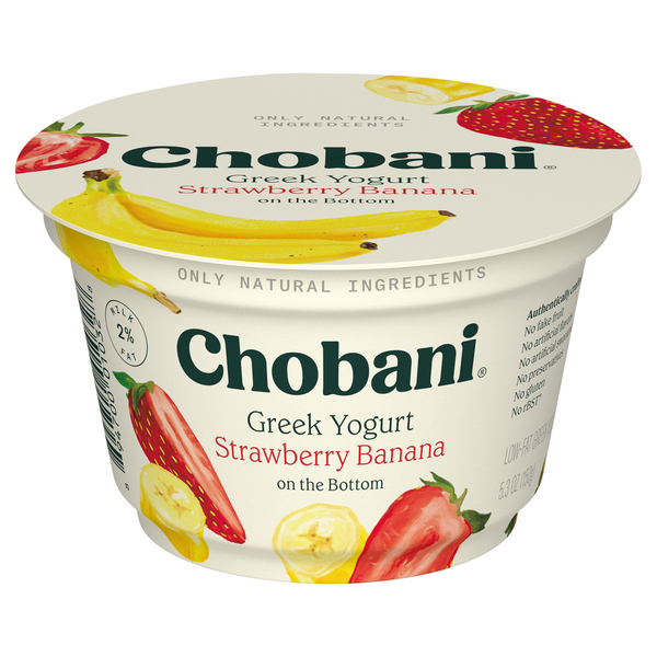 Chobani Yogurt, Greek, Low Fat, Strawberry Banana on the Bottom