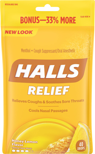 Halls Menthol Cough Suppresant/Oral Anesthetic Drops Honey-Lemon - 40 CT